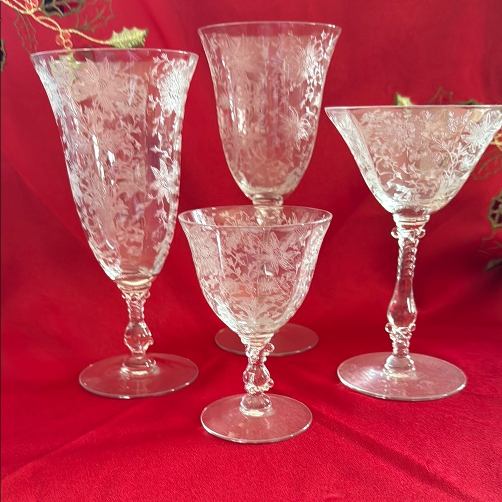 Intricate Floral Etched Glassware Set (Cambridge Wildflower) Antique